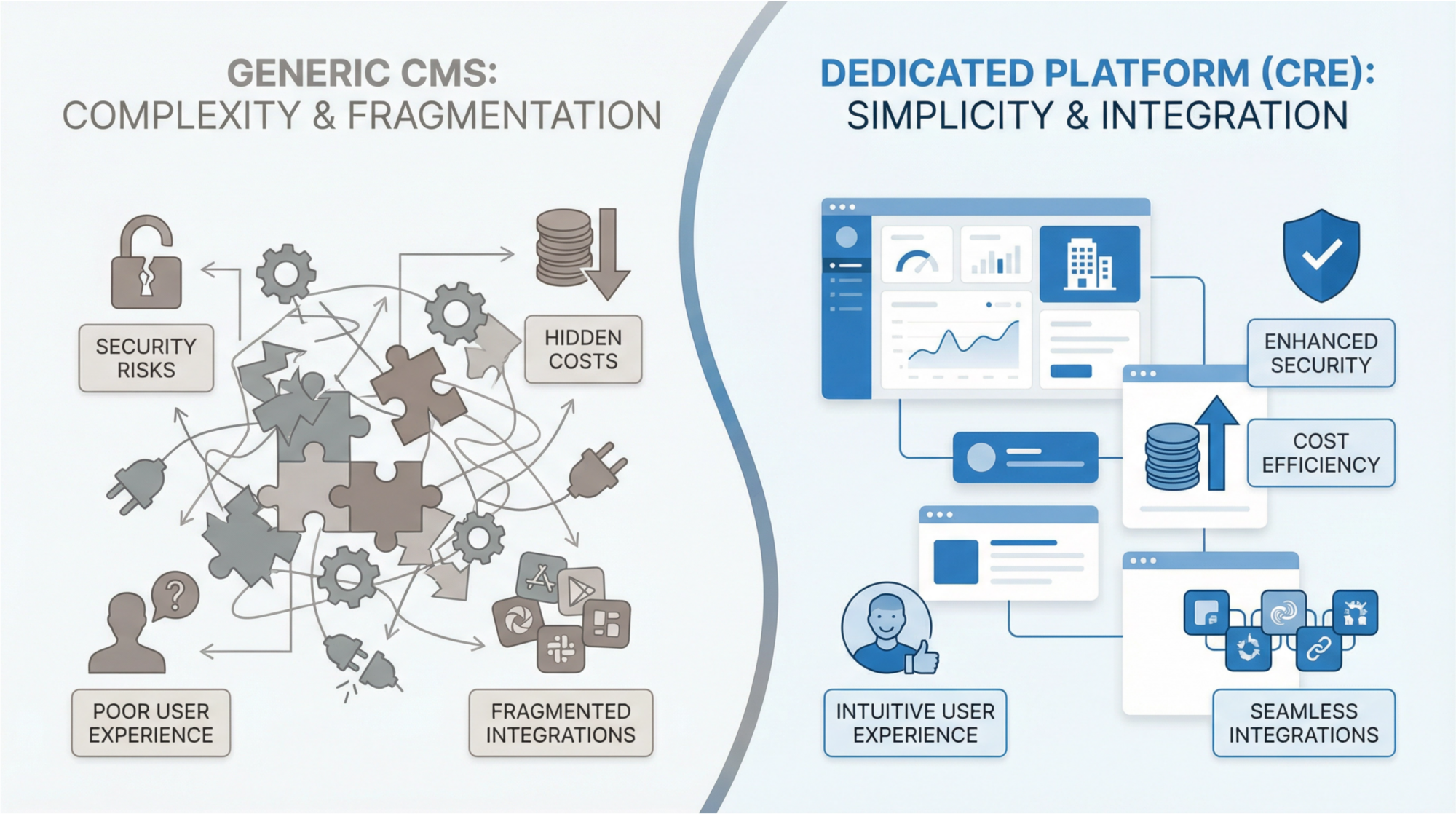 Generic CMS versus dedicated CRE platform comparison showing complexity, security risks, and hidden costs versus simplicity, enhanced security, and cost efficiency